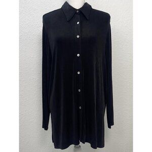AVENUE Stretch Womens SIZE 14/16 Black Jersey Knit Acetate Travel Button-Up TOP